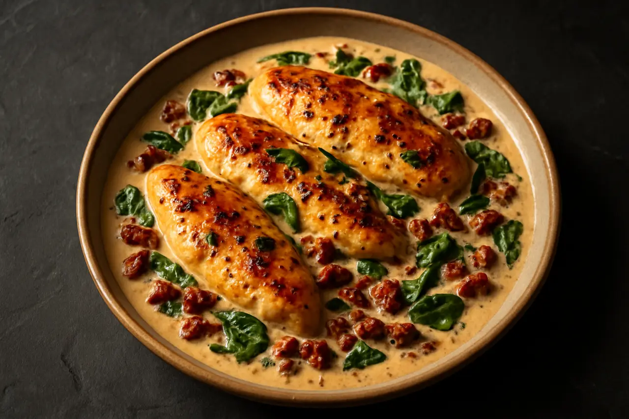 Creamy Tuscan Chicken Skillet - chicken in a creamy sun-dried tomato and spinach sauce that tastes like a restaurant made it